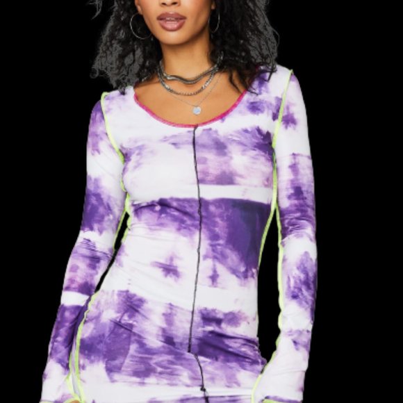Color-block tie dye bodycon dress purple & white Stretch MED - Picture 4 of 15